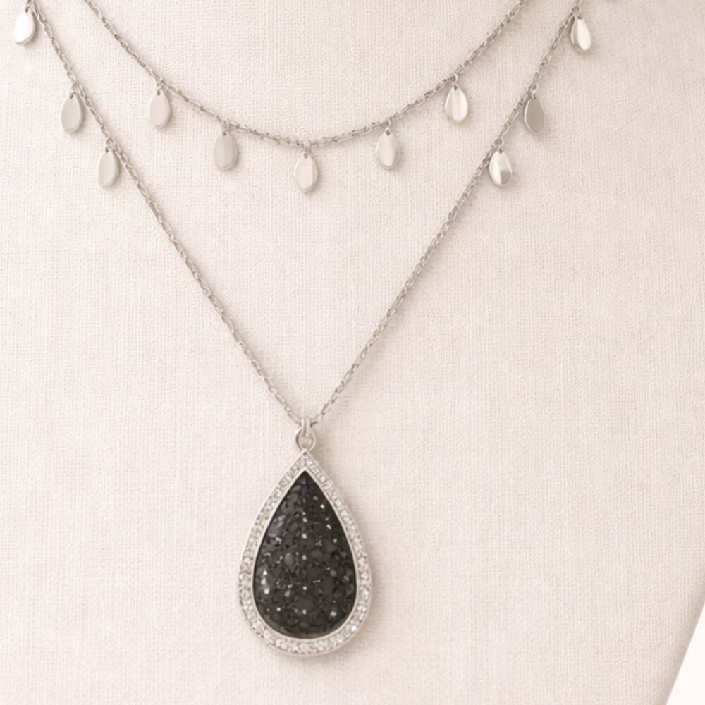 Silver Tone Layered Necklace with Teardrop Druzy Pendant - Picture 3 of 3
